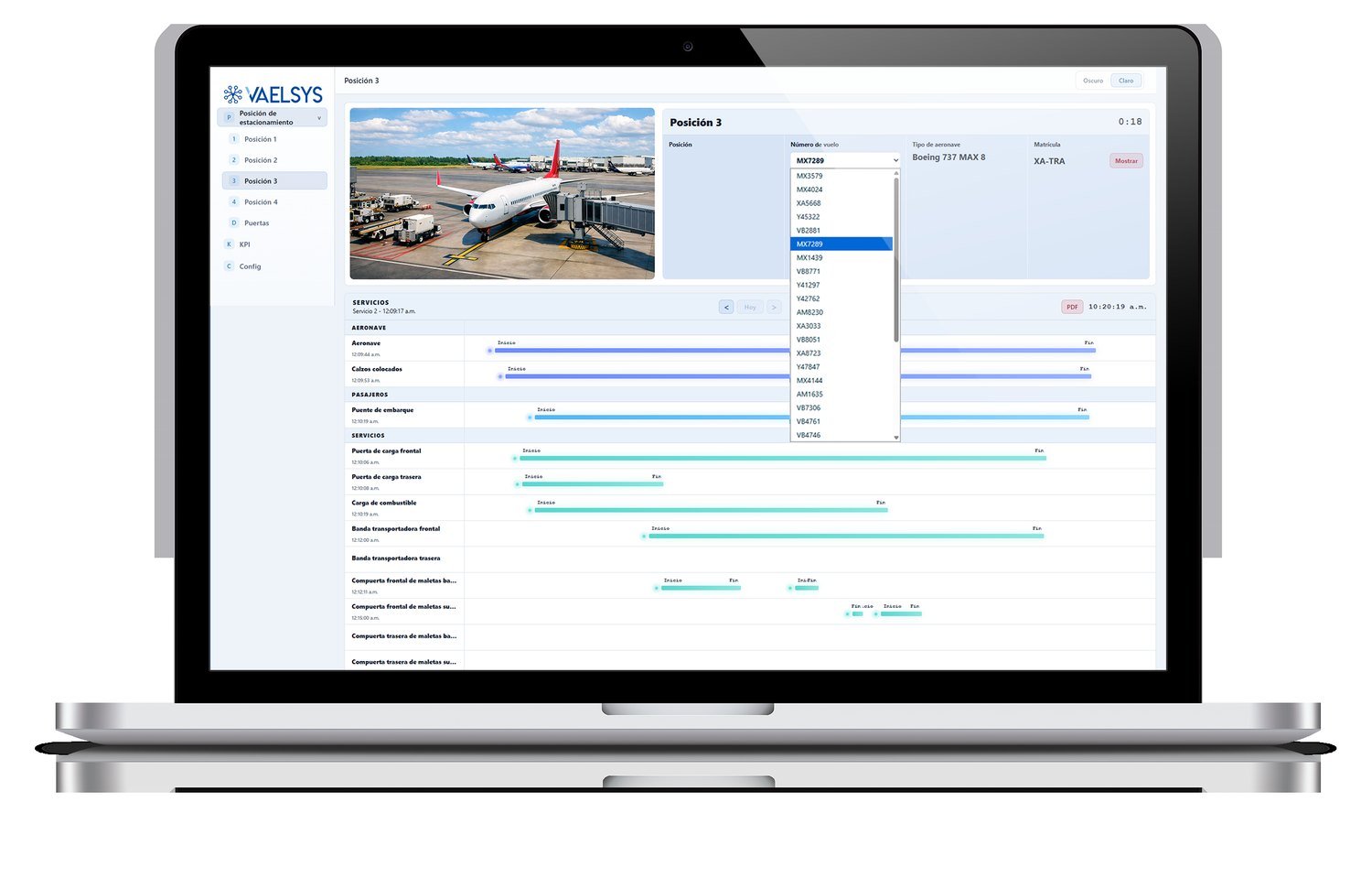 Panel operativo de Vaelsys LATAM: video en vivo del avión en posición, selector de vuelo, datos de la aeronave y la línea de tiempo de cada servicio en una sola pantalla
